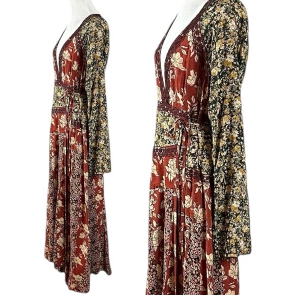 Free People Tilda Maxi Wrap Dress Neutral Combo Large Western Bohemian NWT - Picture 10 of 15